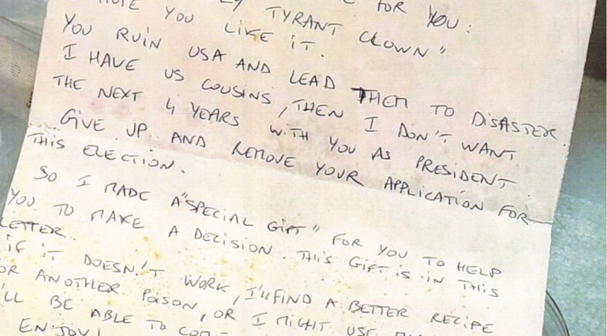 A letter packed with ricin and mailed to Trump in 2020.