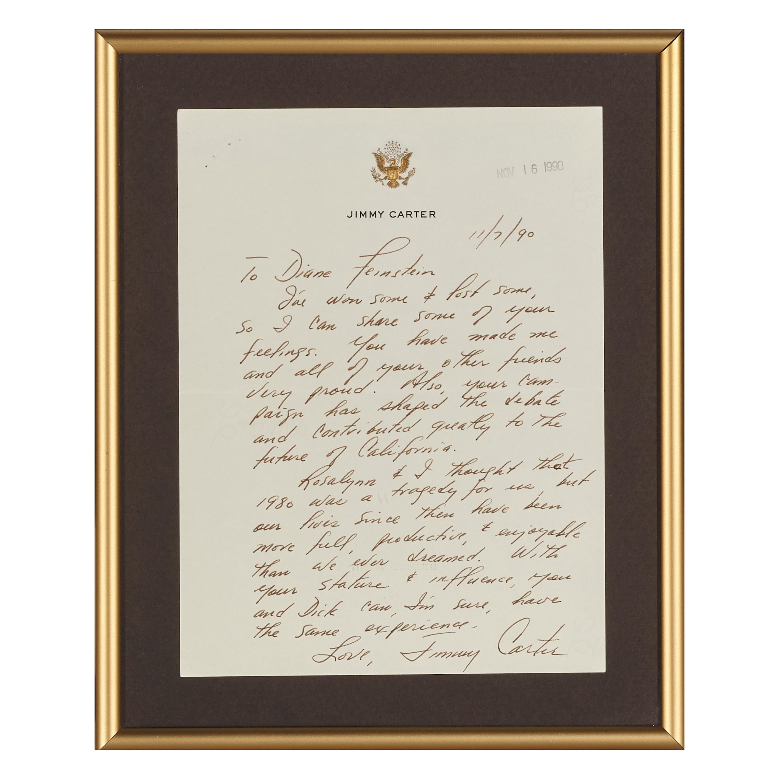 Former President Jimmy Carter's personal note to Sen. Dianne Feinstein after the 1990 California gubernatorial election. 