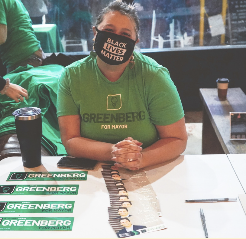 Emalee Morley campaigning for then-candidate Mayor Craig Greenberg in Louisville, Kentucky in February 2022