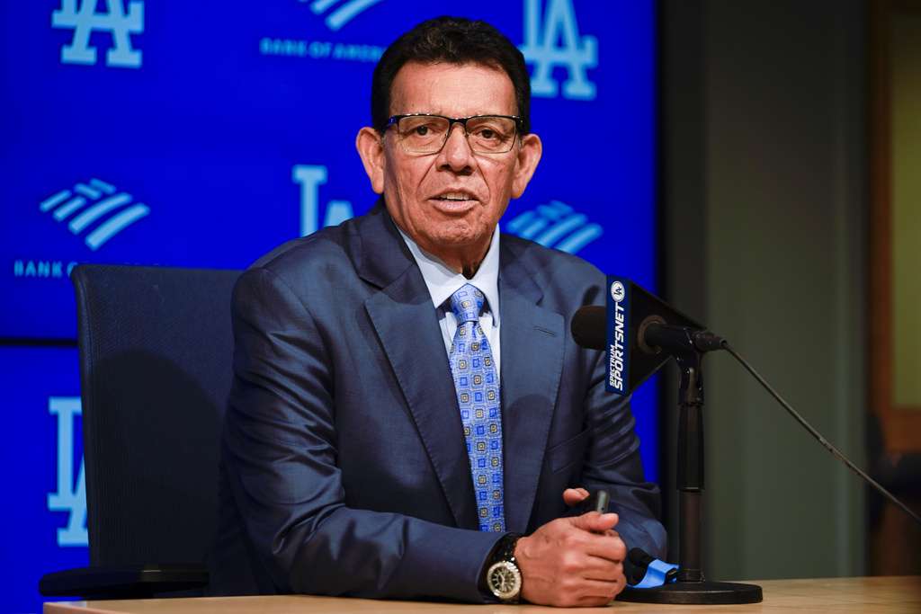 Former Los Angeles Dodgers pitcher Fernando Valenzuela speaks during a news conference ahead of his jersey retirement ceremony at a baseball game between the Dodgers and the Colorado Rockies, Aug. 11, 2023, in Los Angeles.