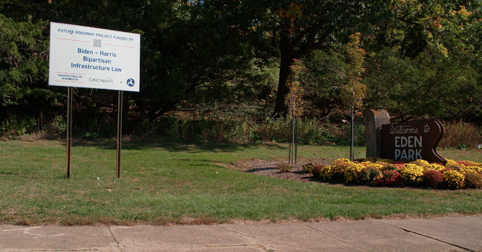 This sign at the entrance to Eden Park marks the site of an upcoming road project. 