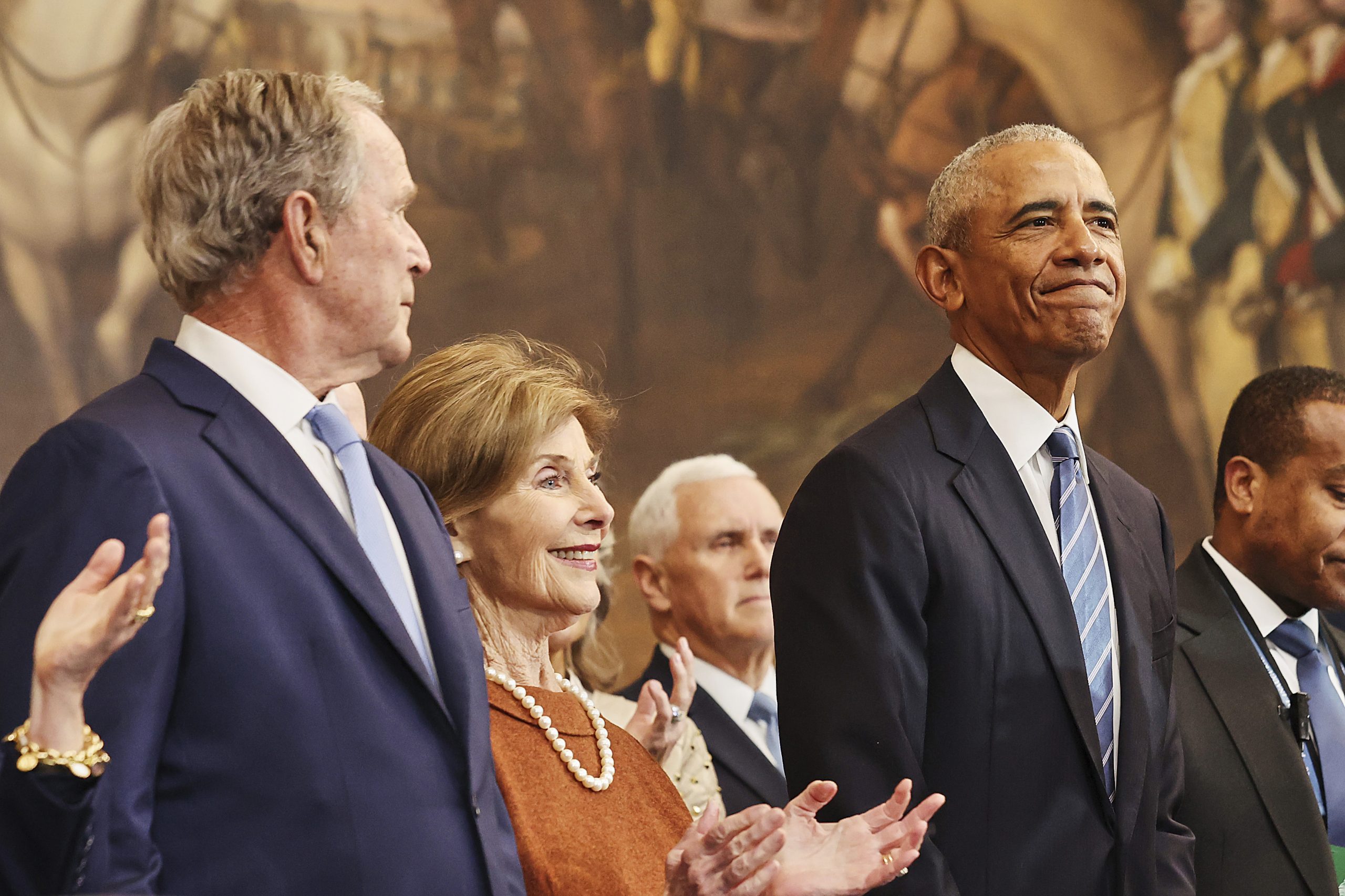 From left, former President George W. Bush, former first lady Laura Bush and former President Barack Obama, arrive before the 60th Presidential Inauguration in the Rotunda of the U.S. Capitol in Washington, Monday, Jan. 20, 2025. 