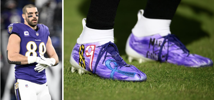 This combination of photos shows Baltimore Ravens tight end Mark Andrews and his cleats showing support for the charity Breakthrough T1D during the NFL's My Cause My Cleats initiative.