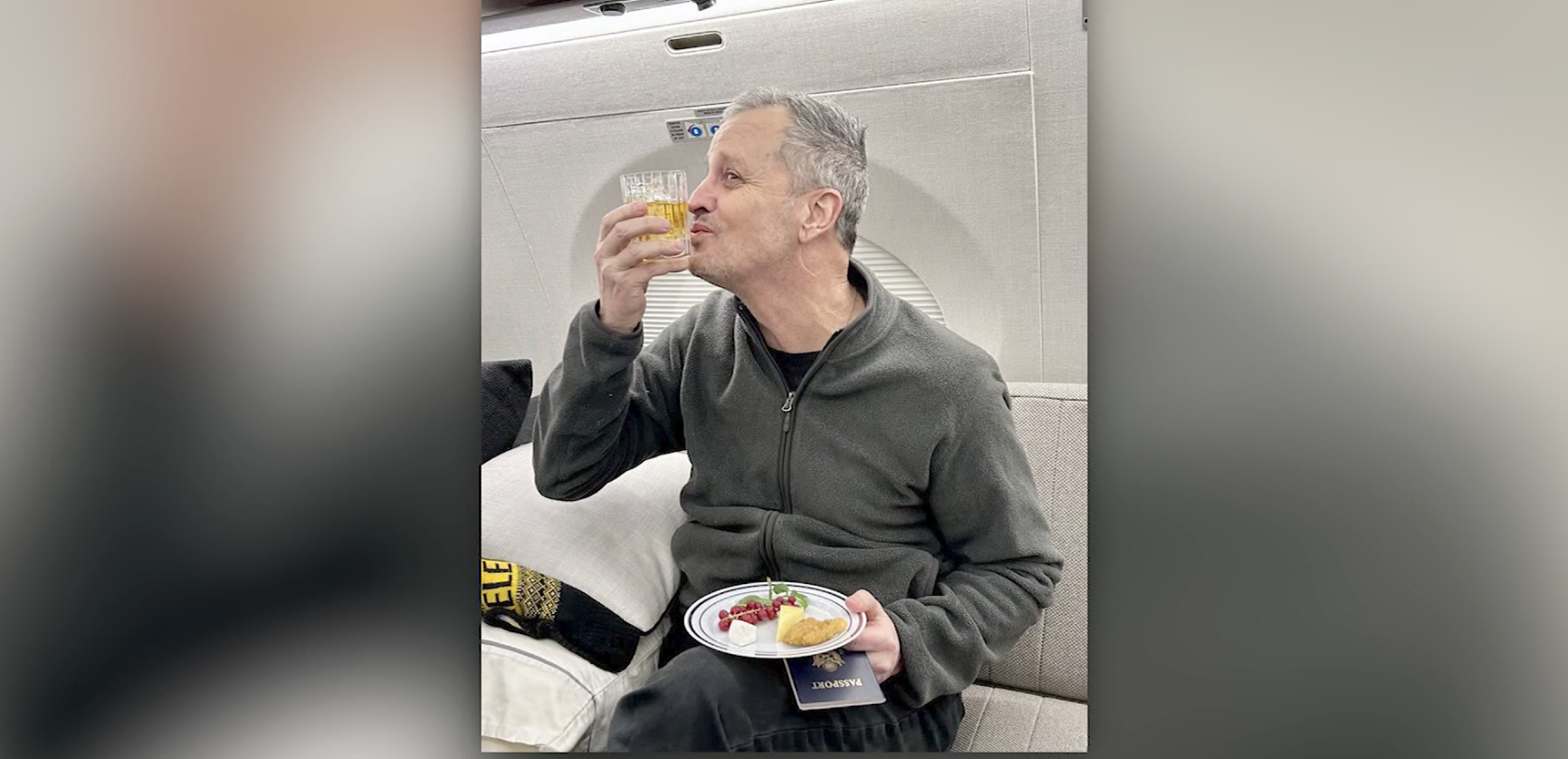 Marc Fogel on a plane after being released by Russia on Tuesday.