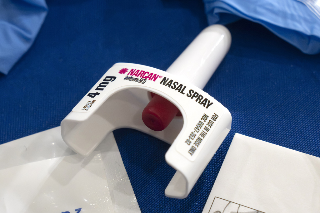 A container of Narcan, a brand name version of the opioid overdose-reversal drug naloxone.