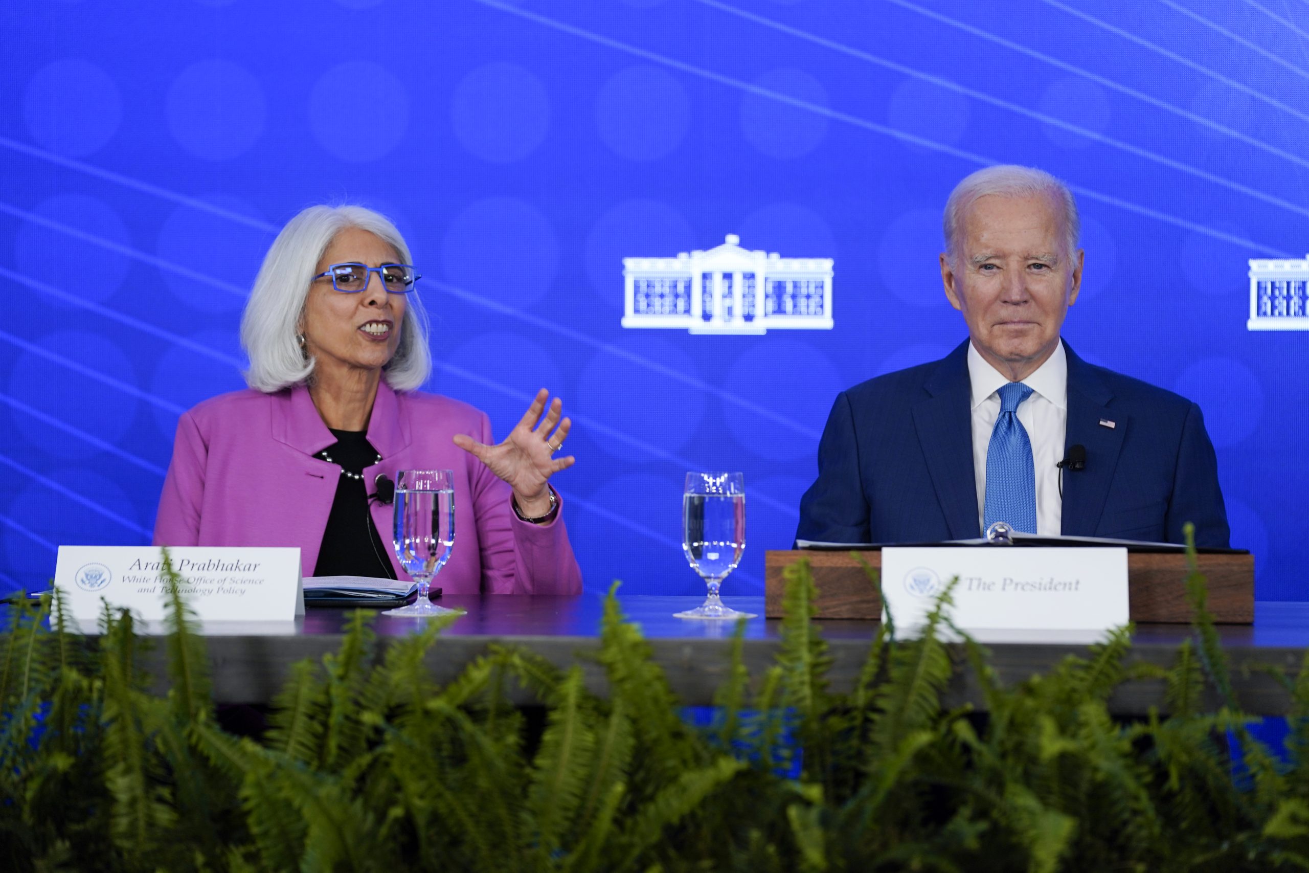 President Joe Biden looks on as Arati Prabhakar, Co-Chair of PCAST, Assistant to the President for Science and Technology, and Director of the Office of Science and Technology Policy, speaks during a meeting with the President's Council of Advisors on Science and Technology, Wednesday, Sept. 27, 2023, in San Francisco. 