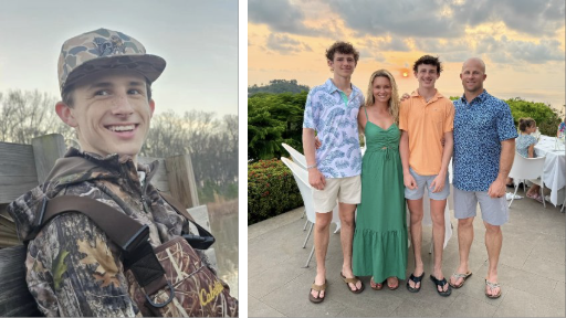 This combination of photos shows Miller Gardner, left, and then a photo of Miller alongside his father, Brett, mother, Jessica, and brother Hunter.