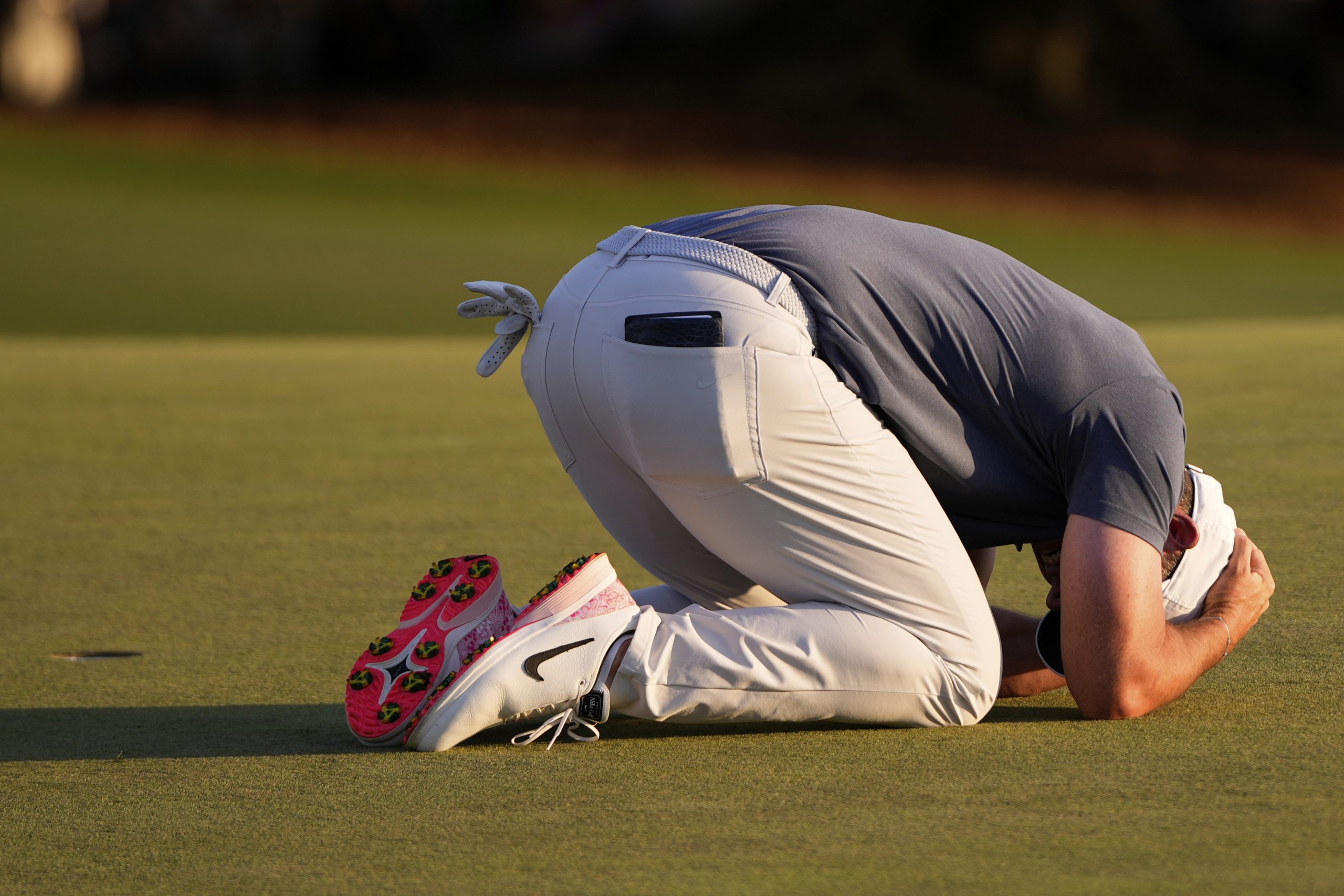 Rory McIlroy, of Northern Ireland, reacts after winning in a playoff against Justin Rose after the final round at the Masters golf tournament, Sunday, April 13, 2025, in Augusta, Ga.