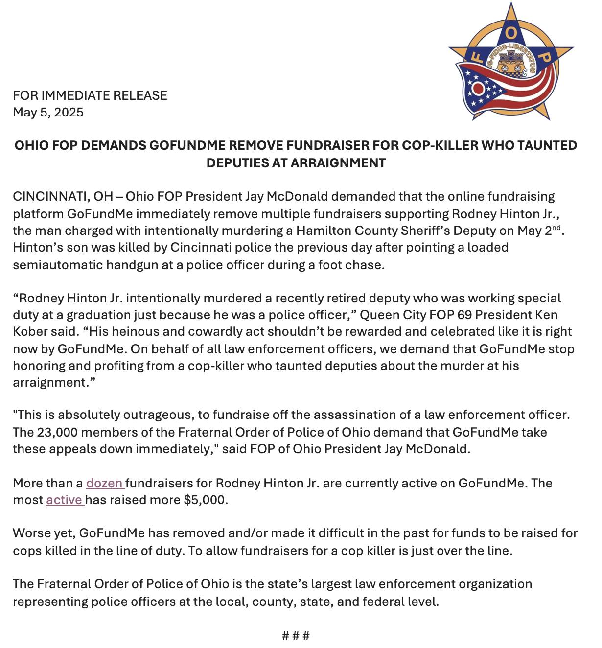 Ohio FOP Letter to GoFundMe