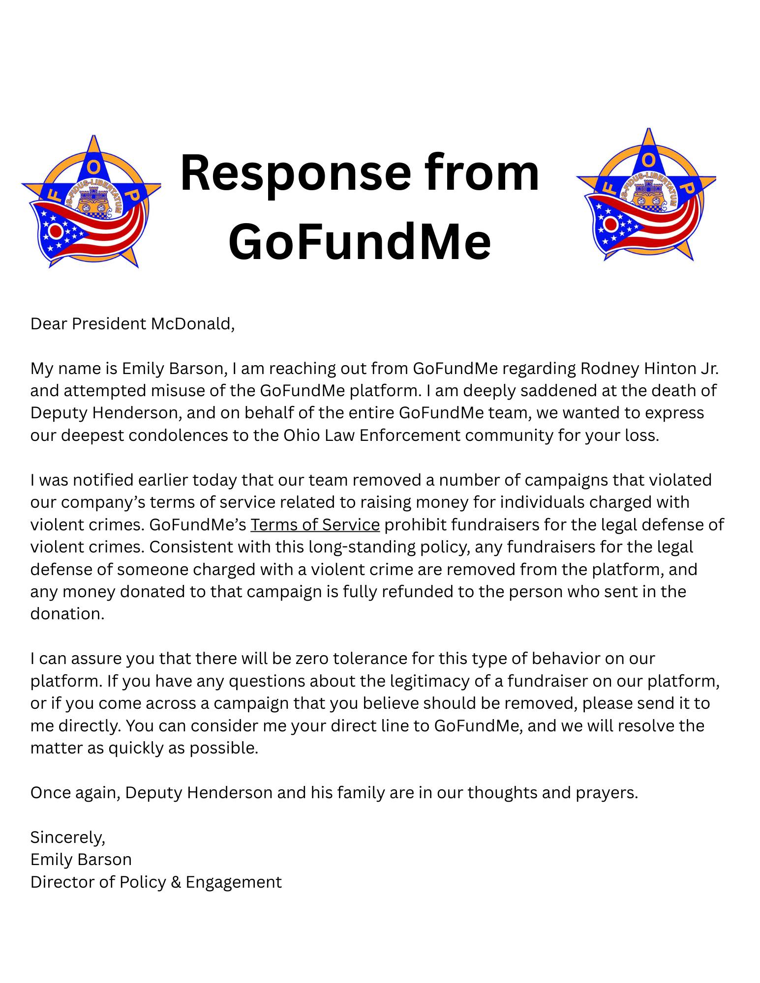 GoFundMe Letter to FOP