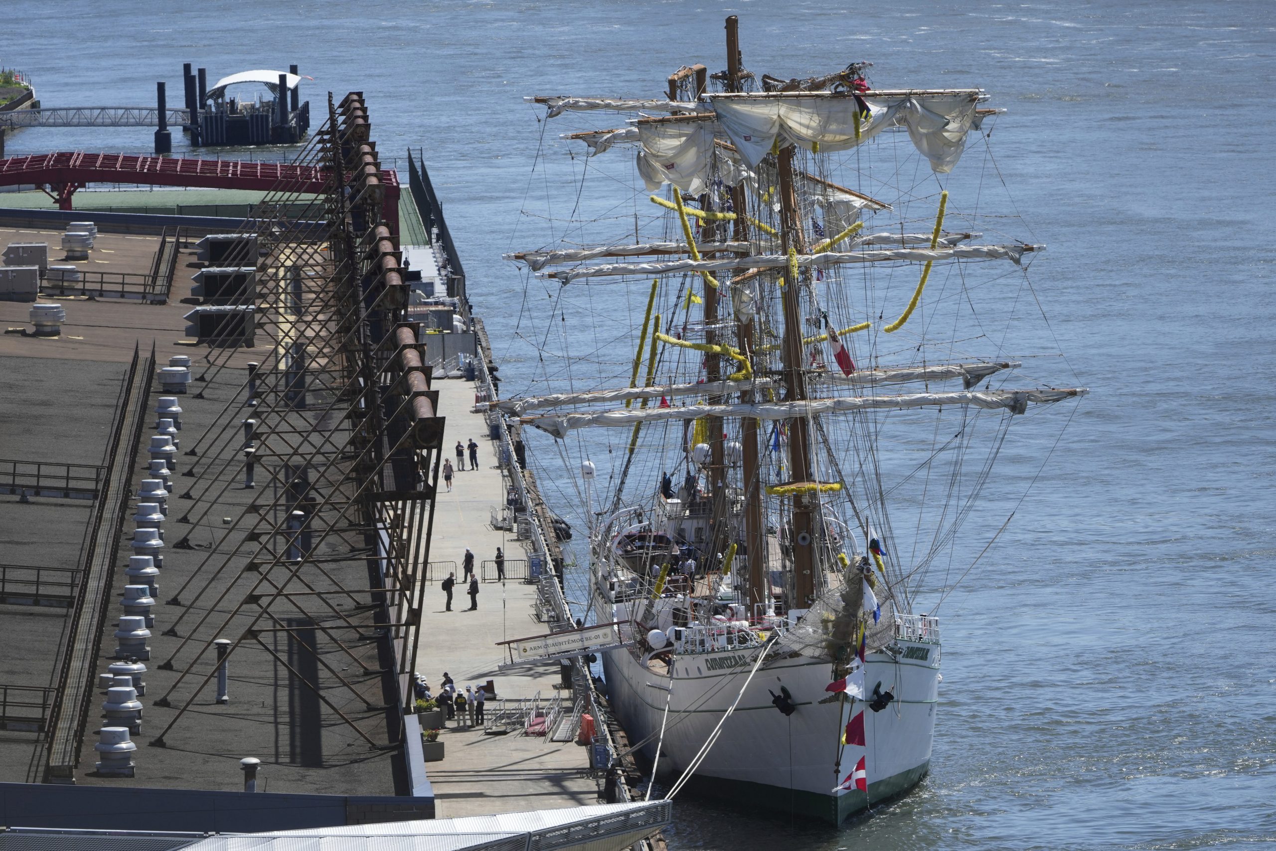 The Cuauhtemoc, a masted Mexican Navy training ship, is docked in Manhattan after it collided with the Brooklyn Bridge in New York, Monday, May 19, 2025. 