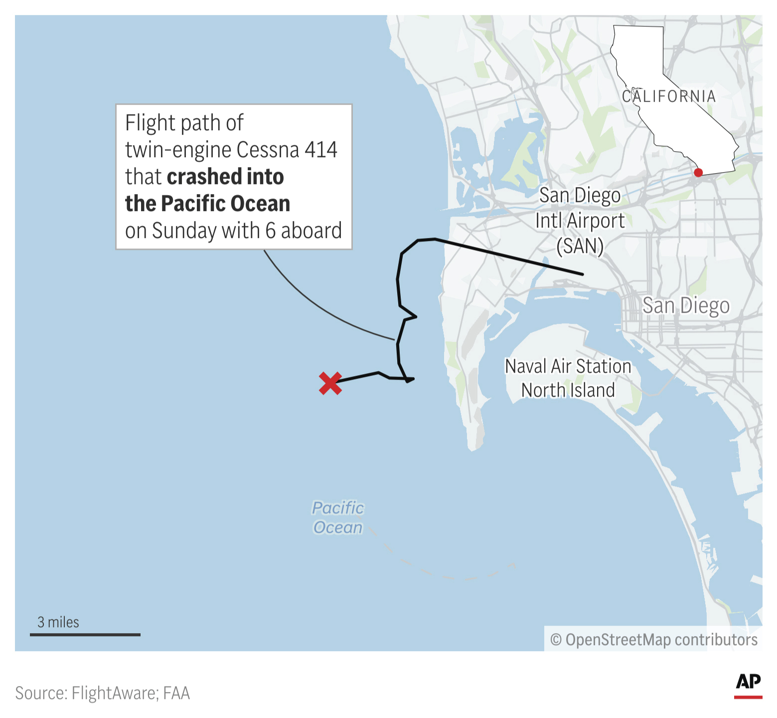 Flight path of a small plane that crashed into the Pacific Ocean.
