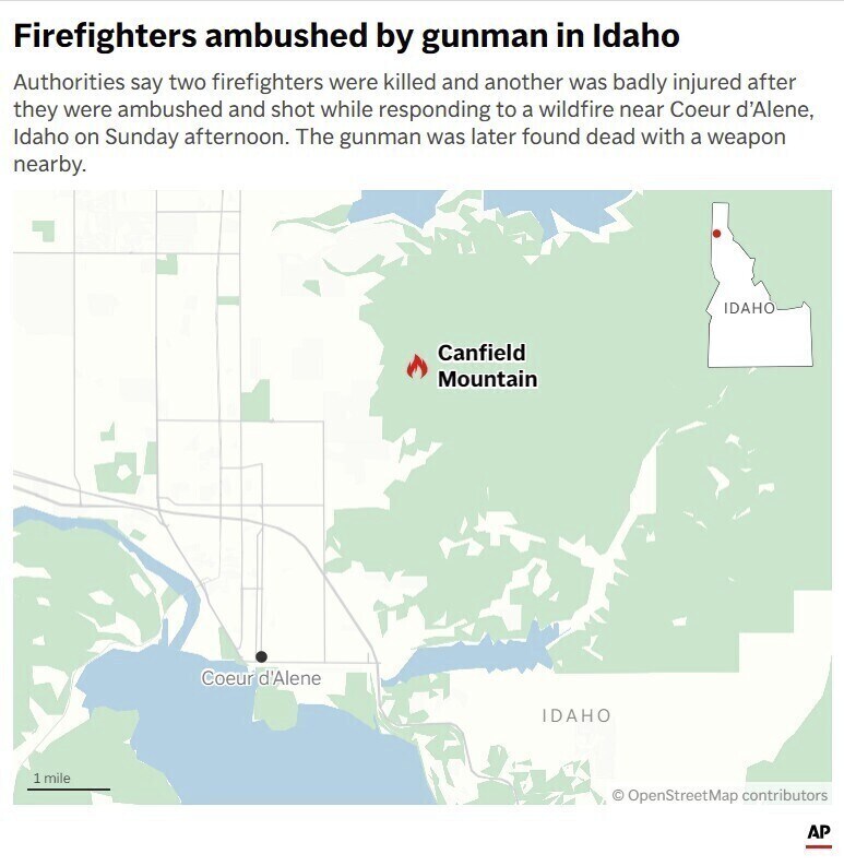 Two firefighters were killed and another was badly injured after they were ambushed and shot while responding to a wildfire near Coeur d’Alene, Idaho.
