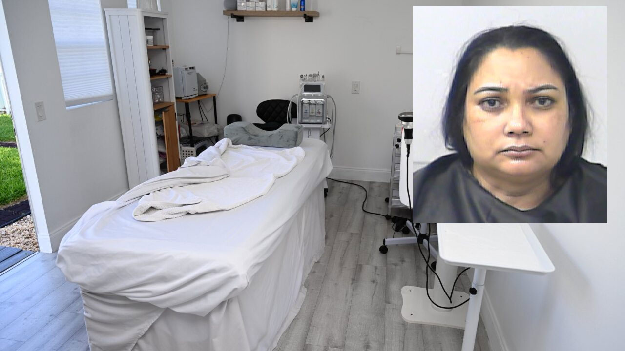 The booking photo of Rosa Mena and a look inside the unlicensed med spa in Port St. Lucie, which police said was located inside a backyard shed.