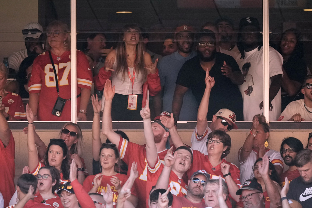 Singer Taylor Swift watches during the first half of an NFL football game between the Kansas City Chiefs and the Chicago Bears Sunday, Sept. 24, 2023, in Kansas City, Mo.