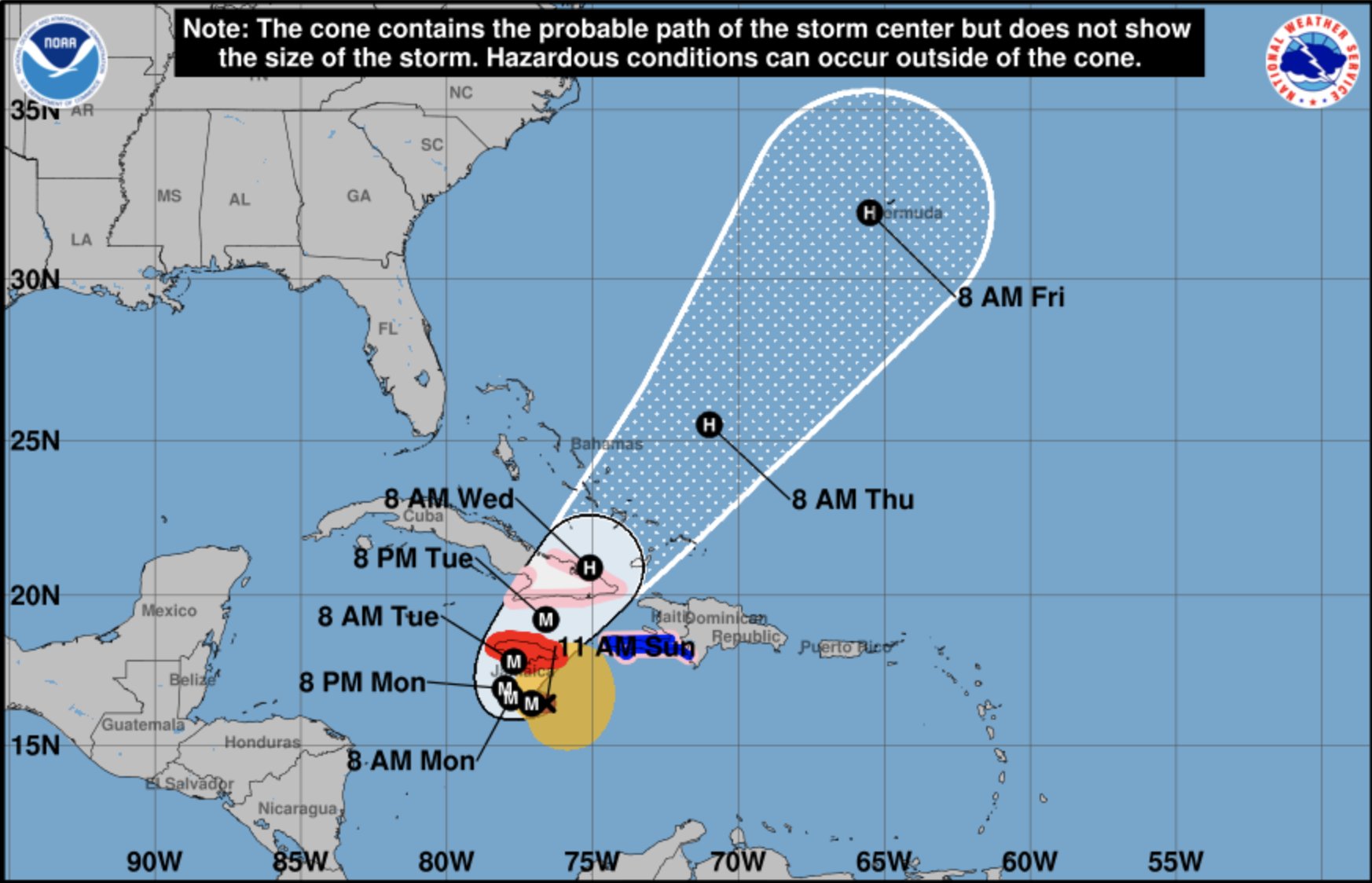 This image from the National Hurricane Service shows the projected path of Hurricane Melissa.