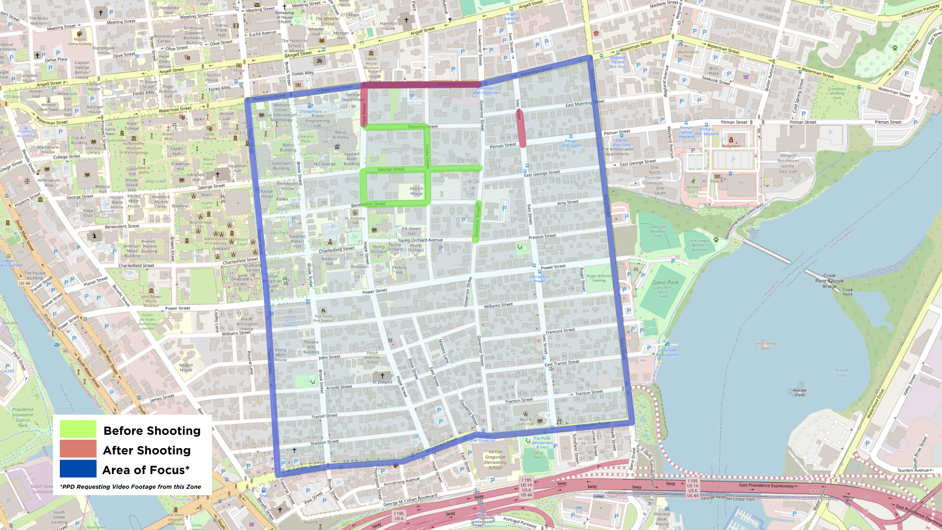 Map where the Brown University shooting person of interest has been seen.