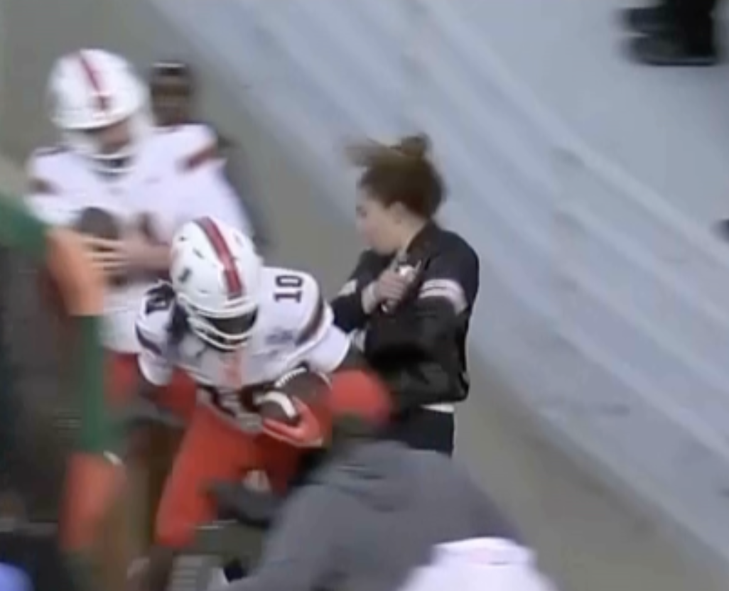 Ashley Freedland, a student, getting knocked down on the sideline.