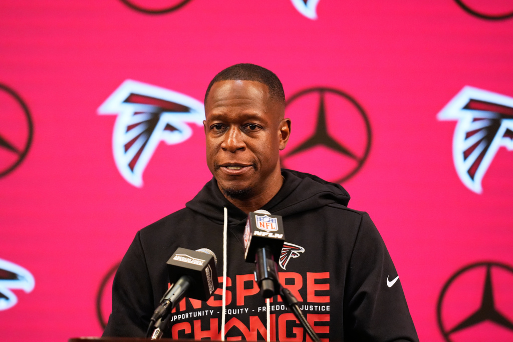 Atlanta Falcons head coach Raheem Morris talks to reporters after an NFL football game against the New Orleans Saints, Sunday, Jan. 4, 2026, in Atlanta.