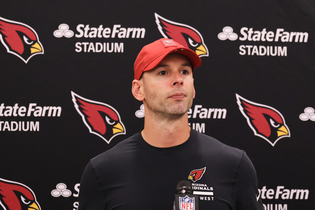 Arizona Cardinals head coach Jonathan Gannon speaks to reporters after an NFL football game against the Los Angeles Rams, Sunday, Jan. 4, 2026, in Inglewood, Calif.