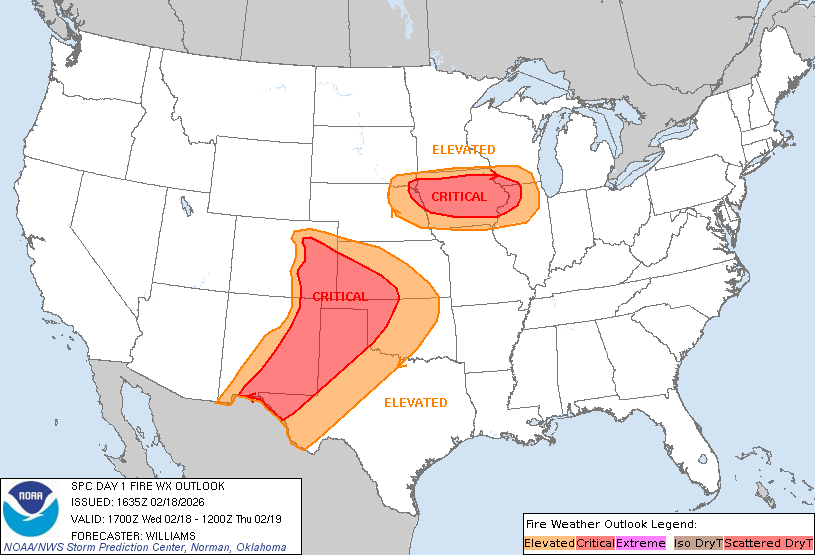 Fire weather outlook for Wednesday, February 18, 2026
